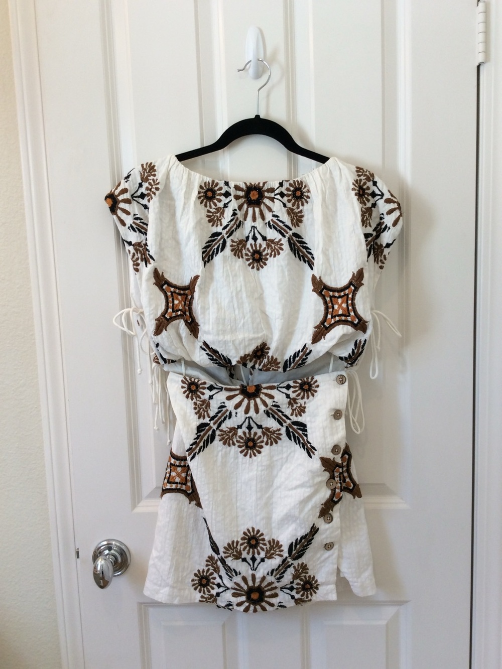 Free People White Mini Dress with Brown Embroidered Floral Motif